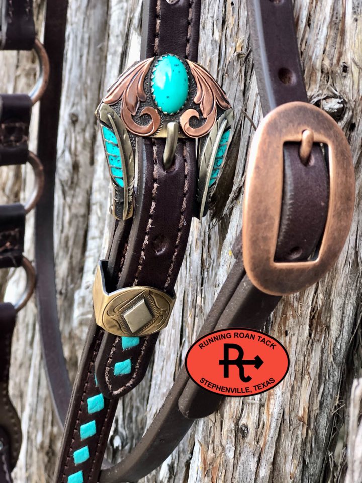Single Ear with Throatlatch Ring Headstall with Turquoise Buckstitch and German Silver Hardware 37"-41" Headstall11032025-01