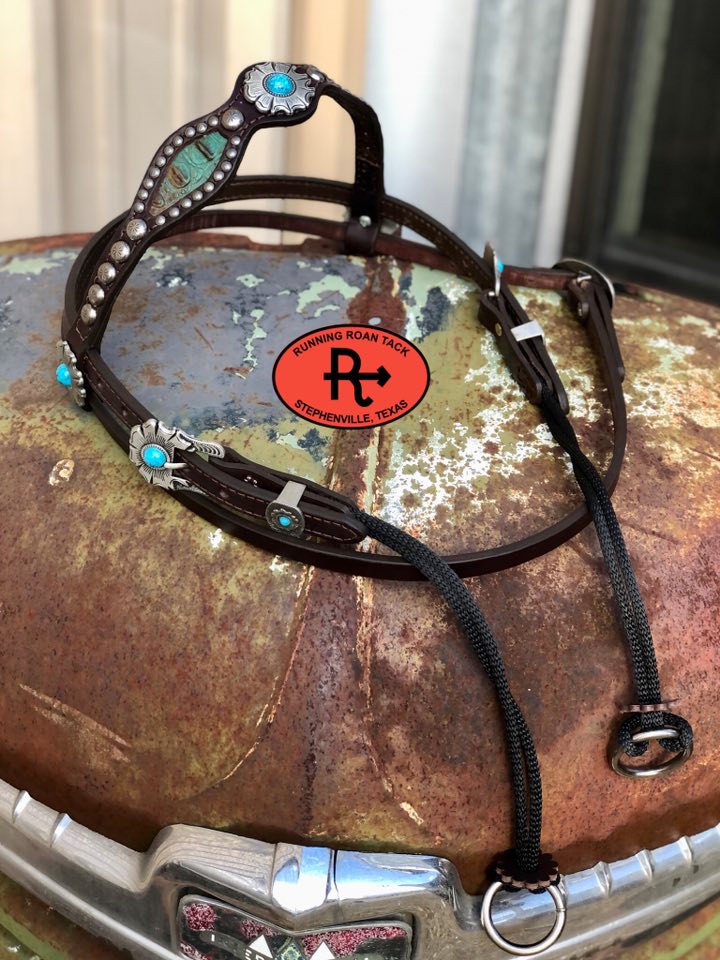 Brown/Turquoise Croc Inlaid Browband Draw Gag Bit Headstall with Floral Hardware HeadstallDG11032025-03