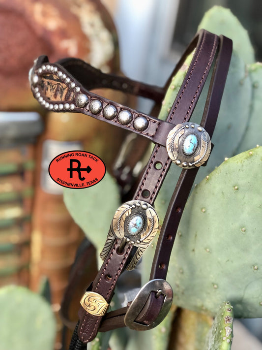 Dark Brown Croc Inlaid Browband Draw Gag Bit Headstall with German Silver Hardware HeadstallDG11032025-01