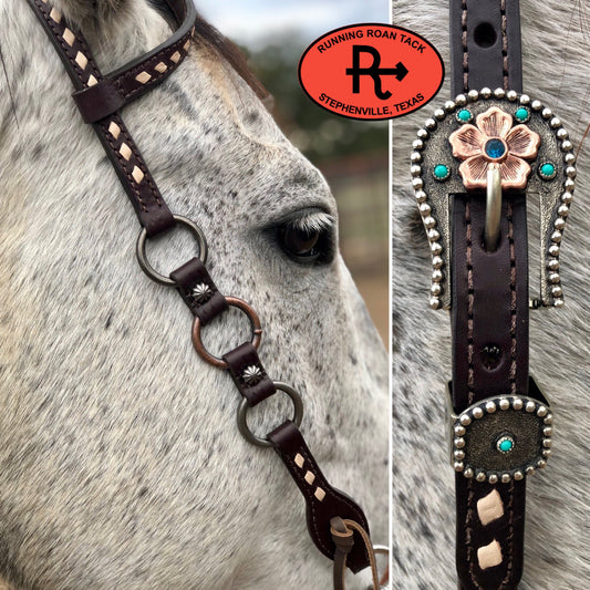 Single Ear Ring Headstall with White Buckstitch and German Silver Buckle 38"-42" Headstall11032025-08