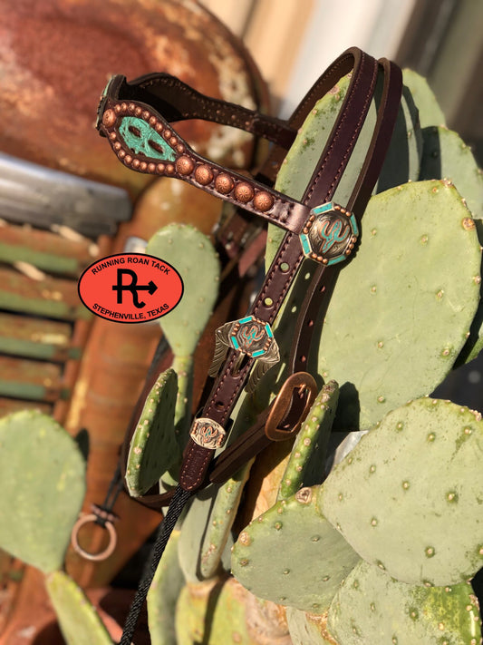 Turquoise/Metallic Copper Croc Inlaid Browband Draw Gag Bit Headstall with German Silver Hardware HeadstallDG11032025-06