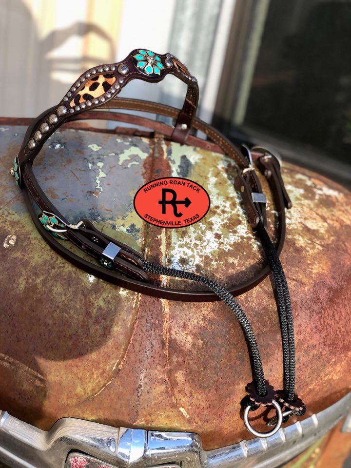 Hair On Leopard Inlaid Browband Draw Gag Bit Headstall with German Silver Hardware HeadstallDG11032025-04