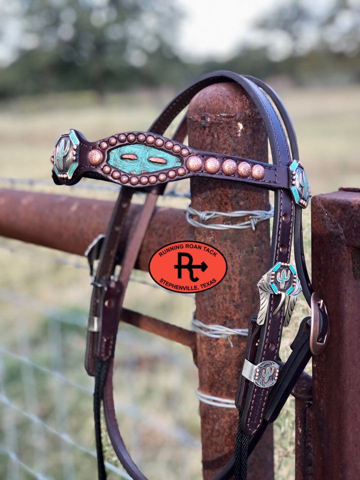 Turquoise/Metallic Copper Croc Inlaid Browband Draw Gag Bit Headstall with German Silver Hardware HeadstallDG11032025-06