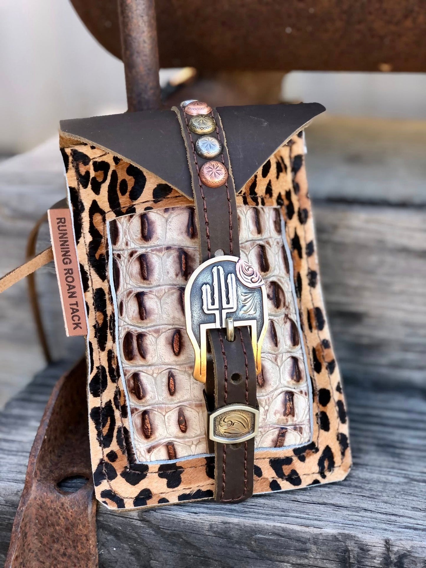 Leopard and Croc Mini Saddle Bag with German Silver Buckle for Phone, Keys, Roping Powder, etc Minibag11032025-02 (Copy)