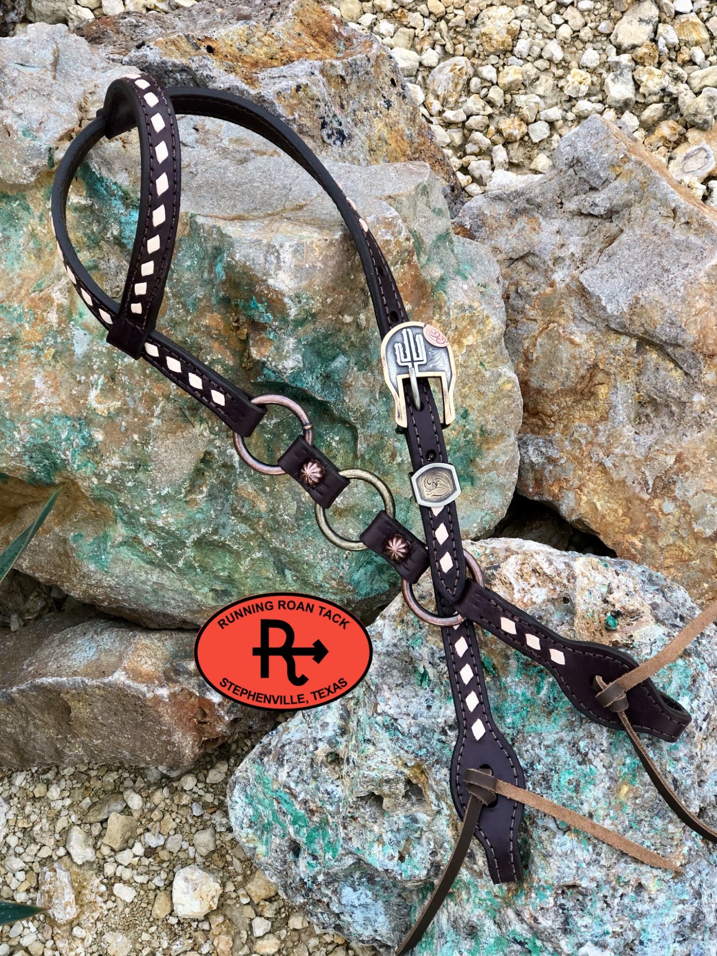 Single Ear Ring Headstall with White Buckstitch and German Silver Buckle 38"-42" Headstall11032025-03