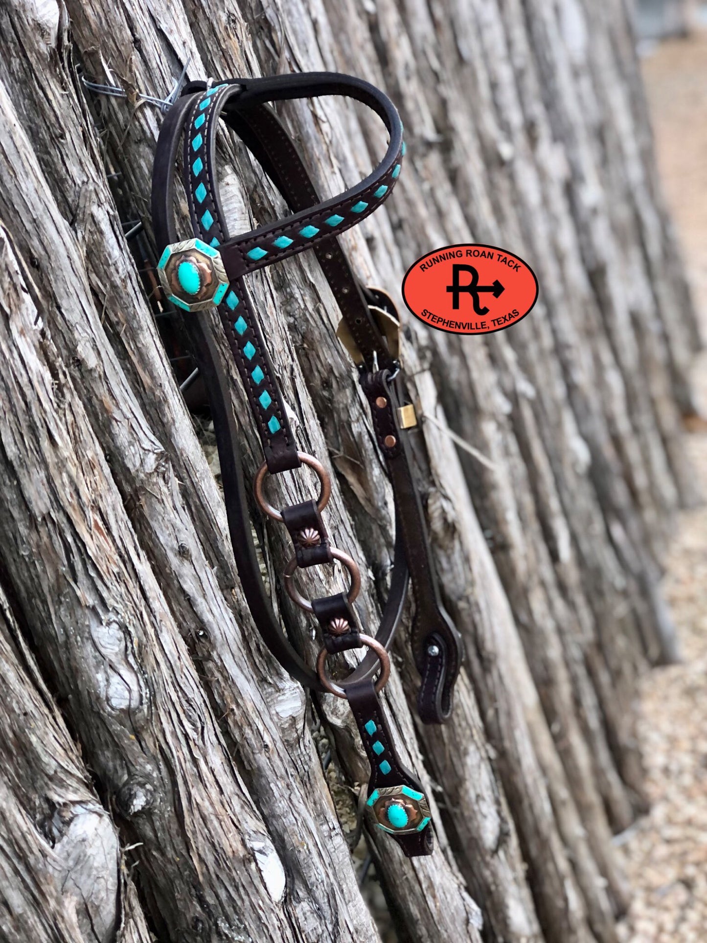 Single Ear with Throatlatch Ring Headstall with Turquoise Buckstitch and German Silver Hardware 37"-41" Headstall11032025-01