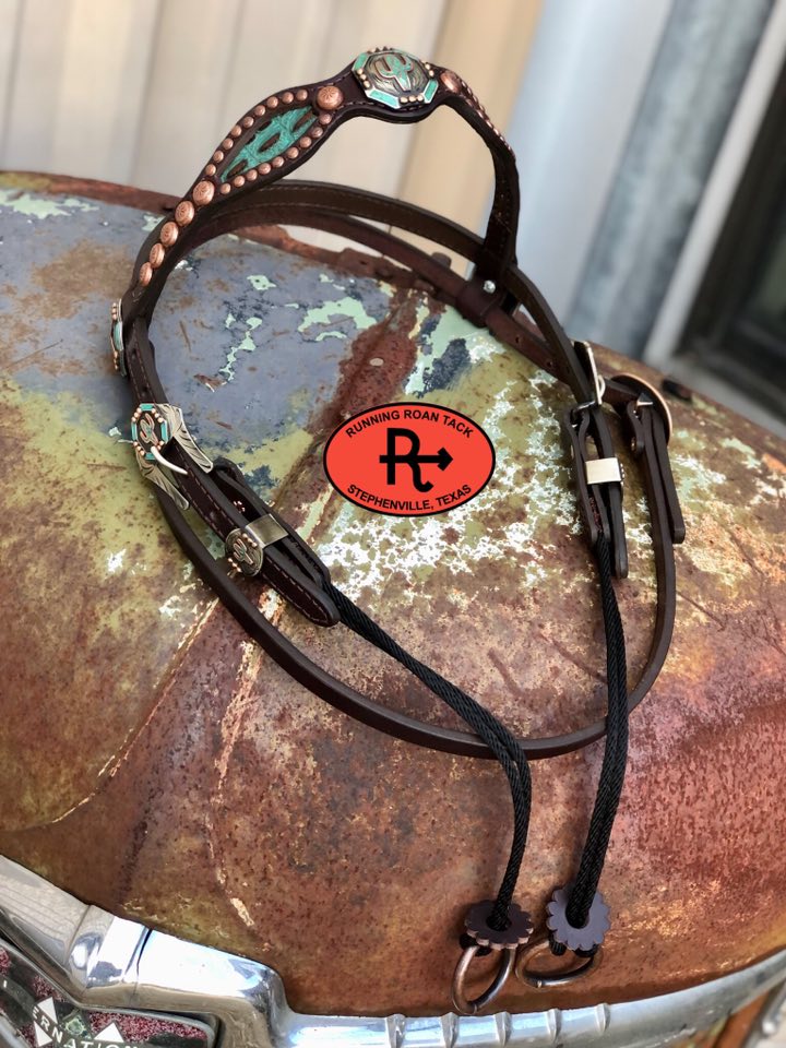 Turquoise/Metallic Copper Croc Inlaid Browband Draw Gag Bit Headstall with German Silver Hardware HeadstallDG11032025-06