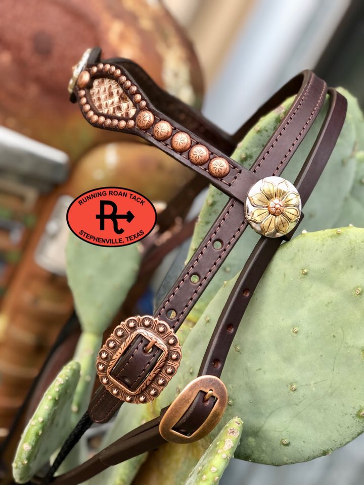 Metallic Bronze Snake Inlaid Browband Draw Gag Bit Headstall with Floral Hardware HeadstallDG11032025-02