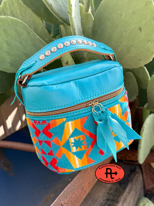 Turquoise Leather with Condensed Turquoise Wool Train Case for Makeup, Toiletries, etc traincase07062026-22