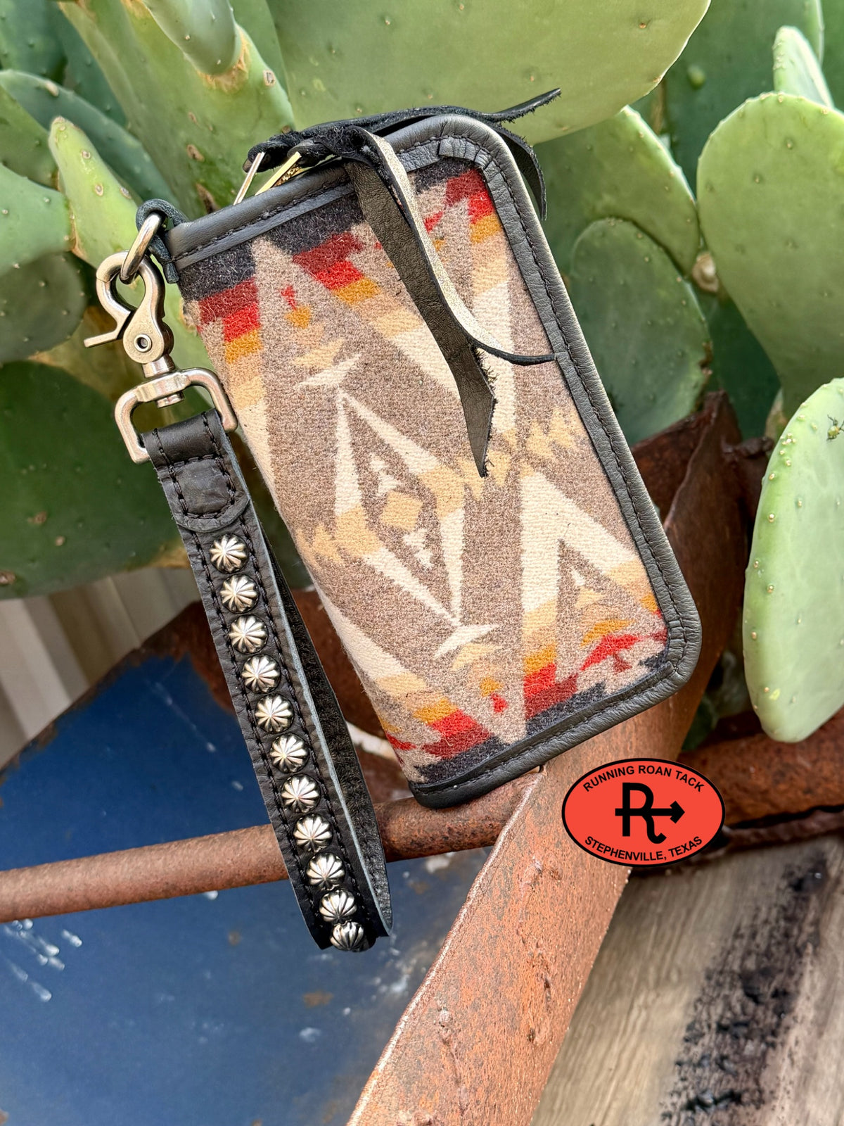 "The Pecos" Black Leather Double Zip Wallet Wristlet Organizer Clutch with Pacific Crest Wool Pecos10052026-05