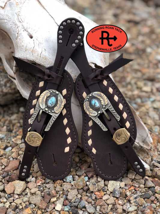 White Buckstitch Buckaroo Spur Straps with German Silver Feather Buckles spurstraps12012025-03