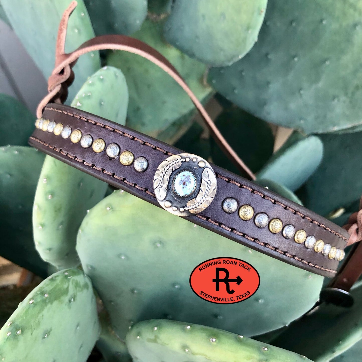 Tiedown Noseband with German Silver Feather Concho and Multicolor Dots Tiedown12012025-07