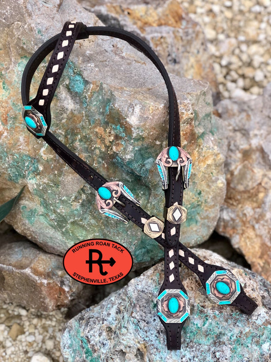 White Buckstitch Single Ear Short Gag Headstall with German Silver Flowers 29"-37" Headstall12012025-03