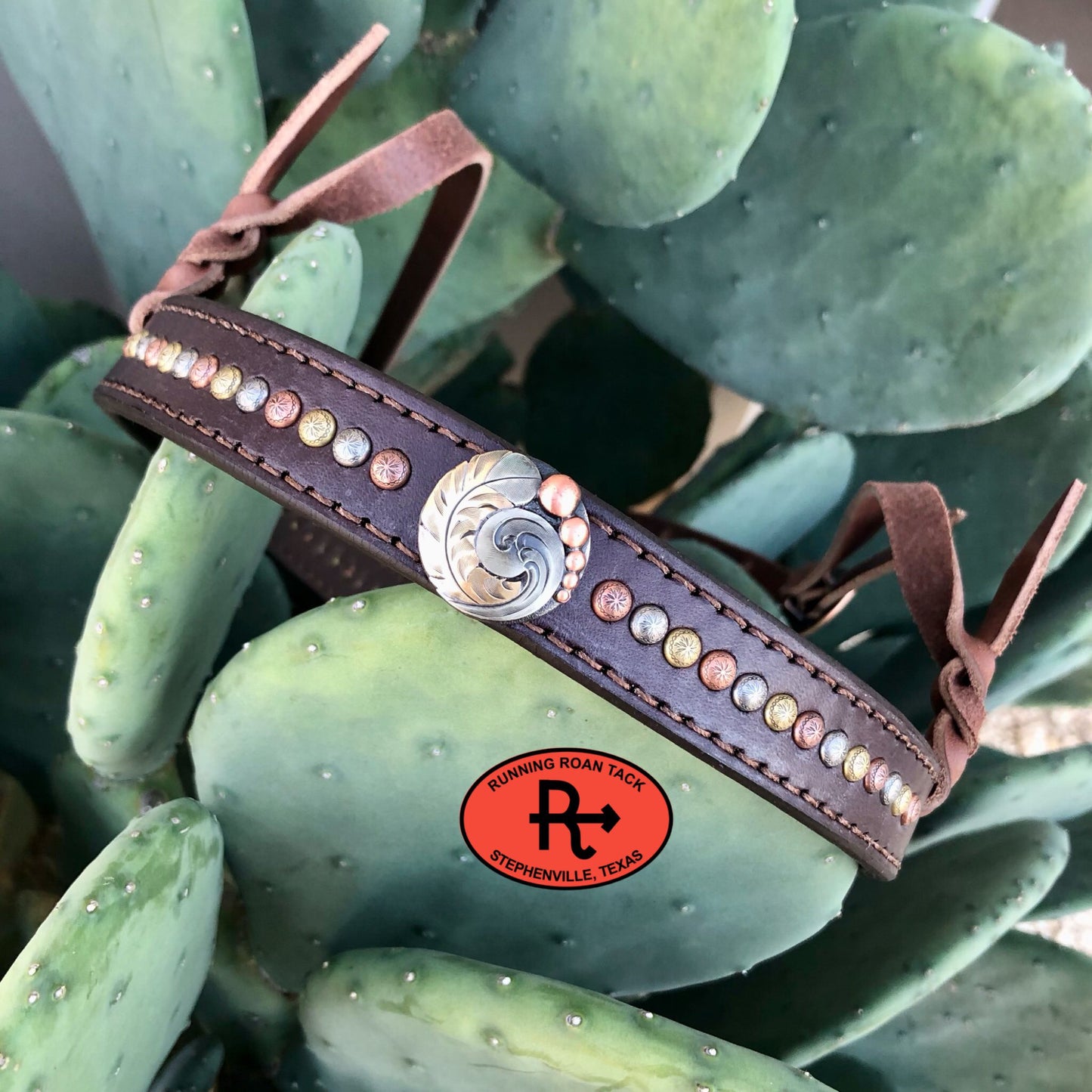 Tiedown Noseband with German Silver Feather Concho and Multicolor Dots Tiedown12012025-06