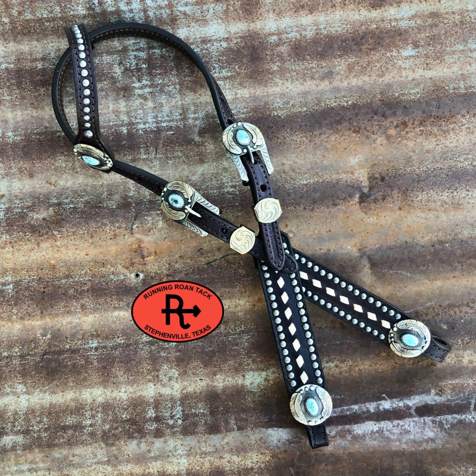 White Buckstitch Single Ear Headstall with German Silver Feather Hardware 36"-43" Headstall12012025-06