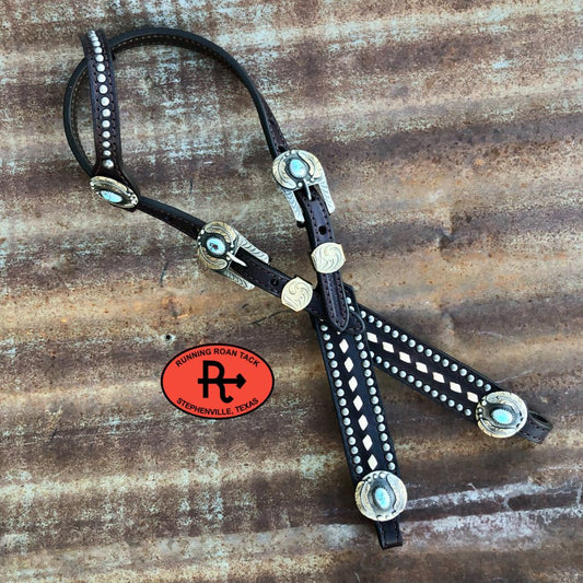 White Buckstitch Single Ear Headstall with German Silver Feather Hardware 36"-43" Headstall12012025-06