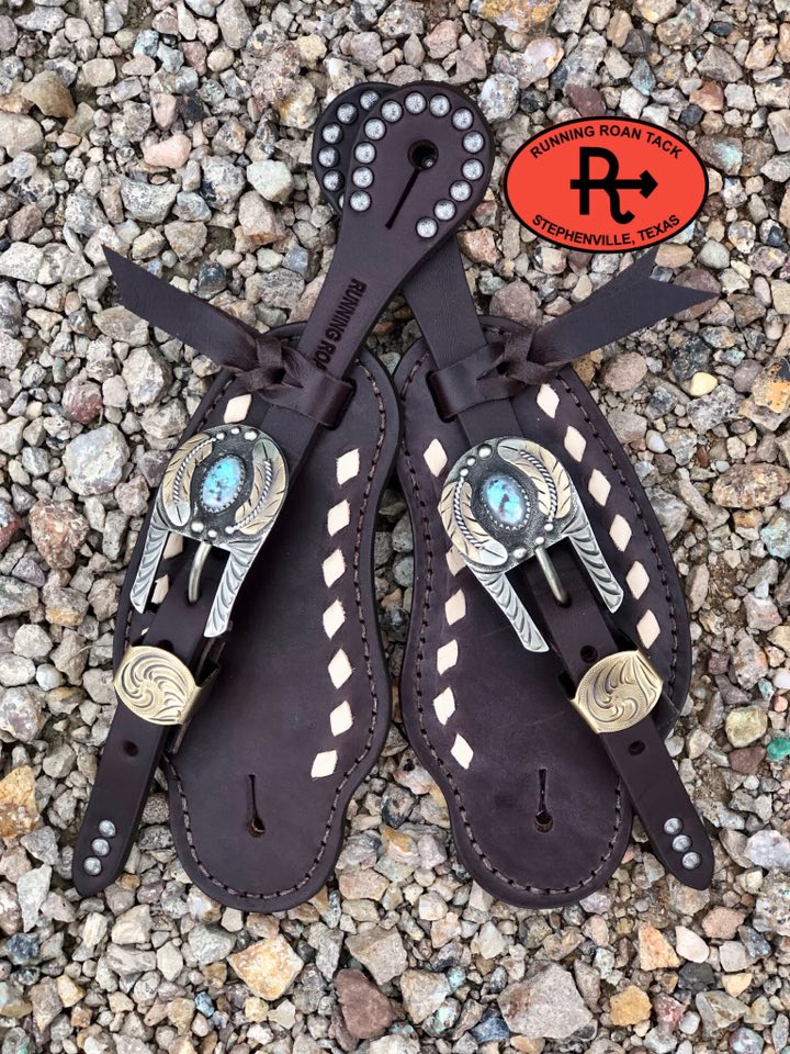 White Buckstitch Buckaroo Spur Straps with German Silver Feather Buckles spurstraps12012025-03