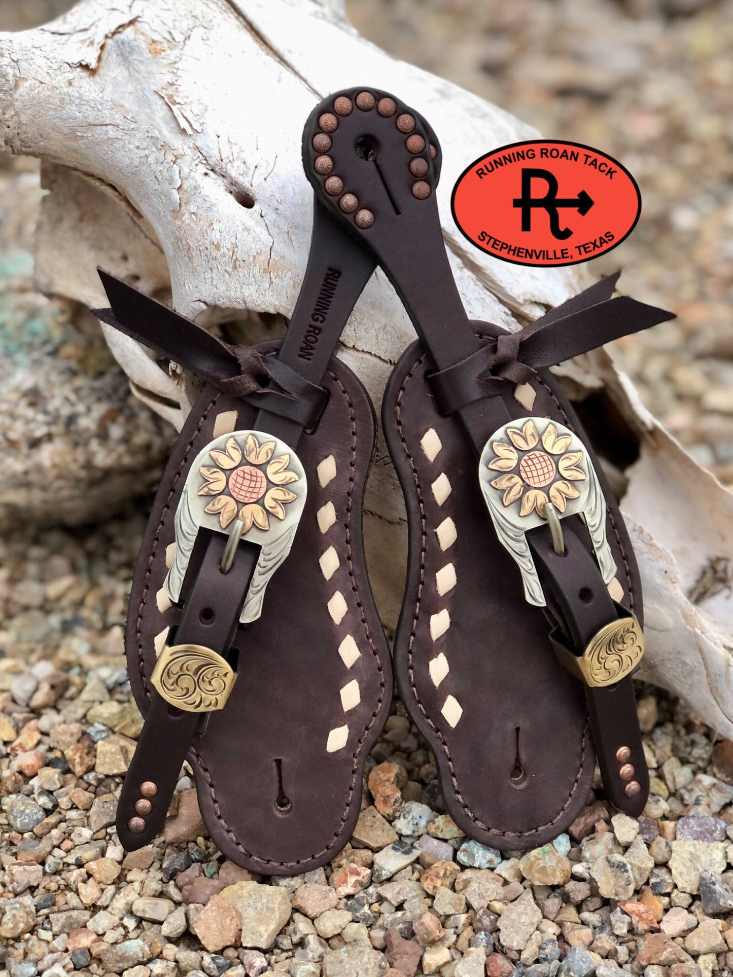 White Buckstitch Buckaroo Spur Straps with German Silver Floral Buckles spurstraps12012025-02