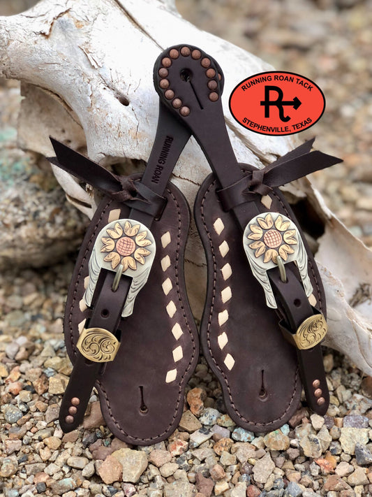 White Buckstitch Buckaroo Spur Straps with German Silver Floral Buckles spurstraps12012025-02