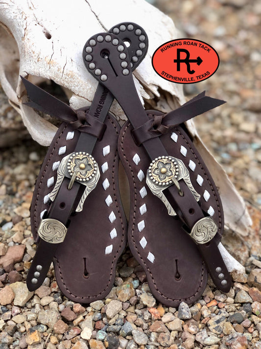 Metallic Silver Buckstitch Buckaroo Spur Straps with German Silver Flower Buckles spurstraps12012025-04