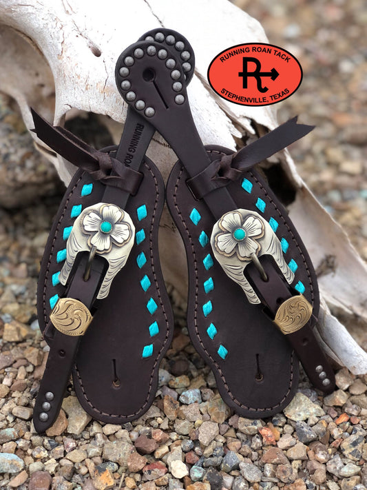 Metallic Turquoise Buckstitch Buckaroo Spur Straps with German Silver Flower Buckles spurstraps12012025-05