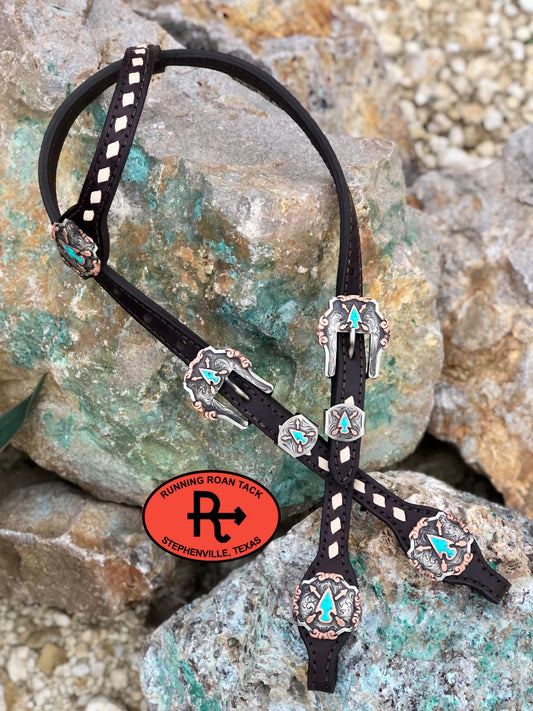 White Buckstitch Single Ear Short Gag Headstall with German Silver Arrowhead Hardware 29"-37" Headstall12012025-05