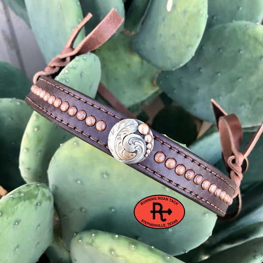 Tiedown Noseband with German Silver Feather Concho and Copper Dots Tiedown12012025-01