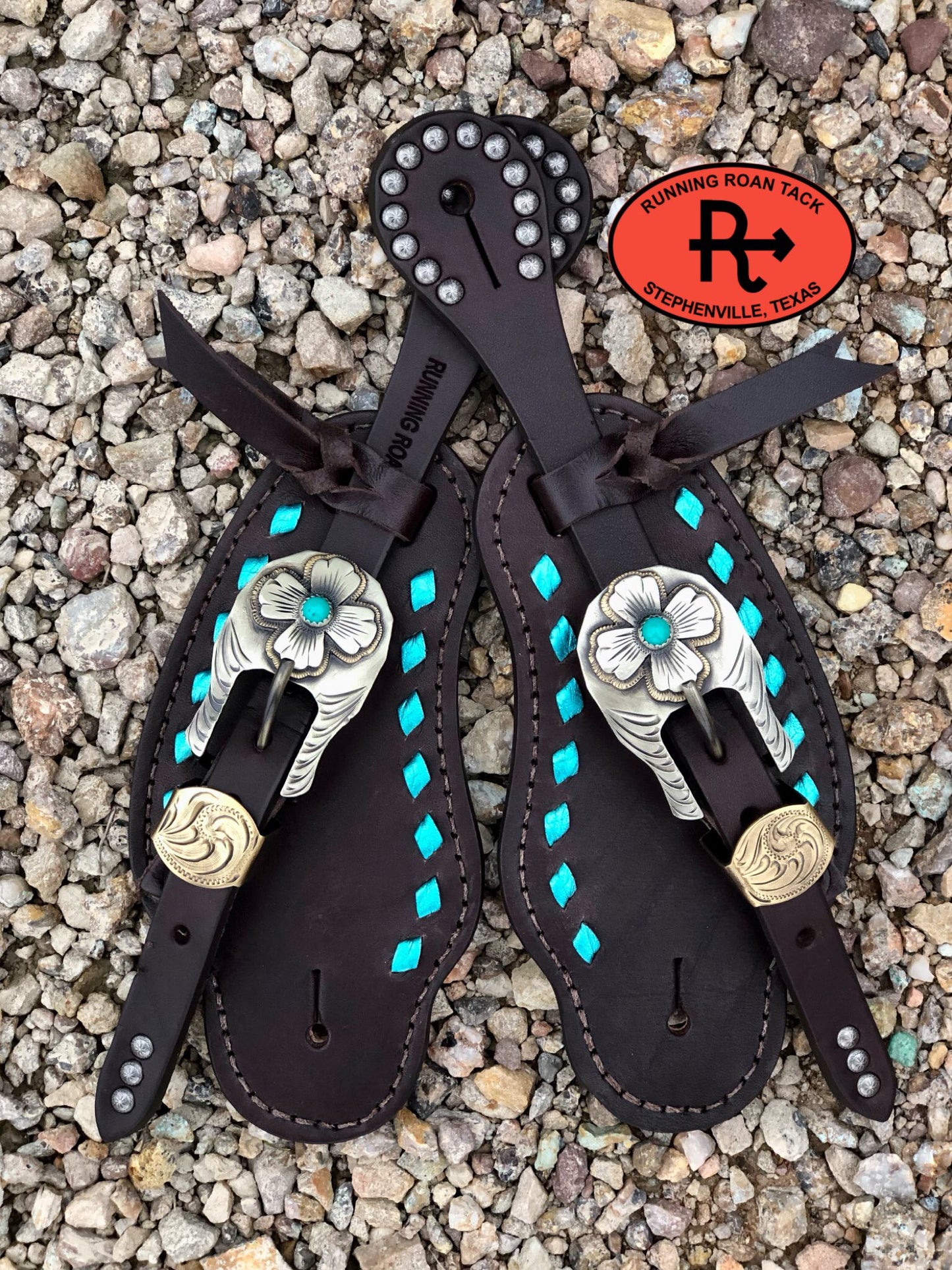 Metallic Turquoise Buckstitch Buckaroo Spur Straps with German Silver Flower Buckles spurstraps12012025-05