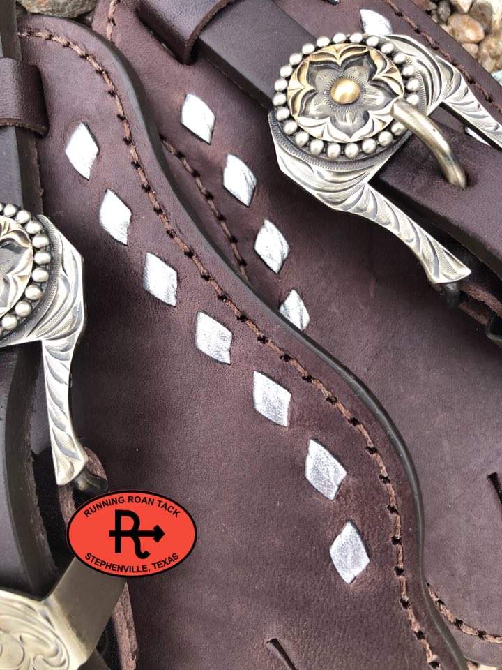 Metallic Silver Buckstitch Buckaroo Spur Straps with German Silver Flower Buckles spurstraps12012025-04