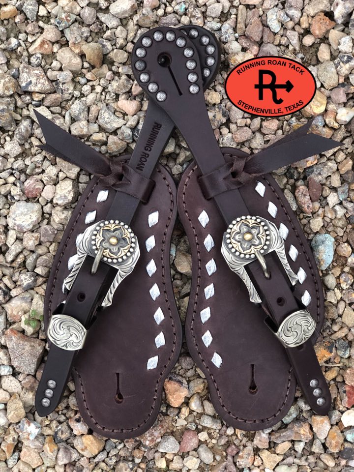 Metallic Silver Buckstitch Buckaroo Spur Straps with German Silver Flower Buckles spurstraps12012025-04