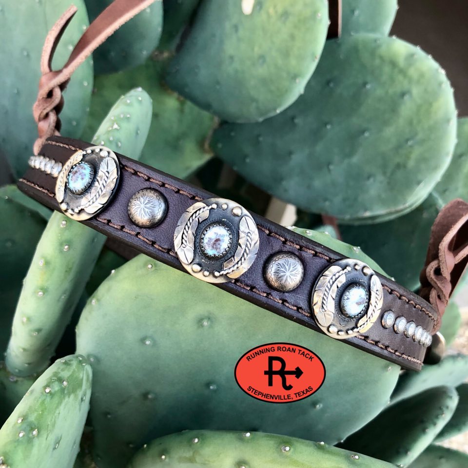 Tiedown Noseband with Three German Silver Feather Conchos and Antique Silver Dots Tiedown12012025-05