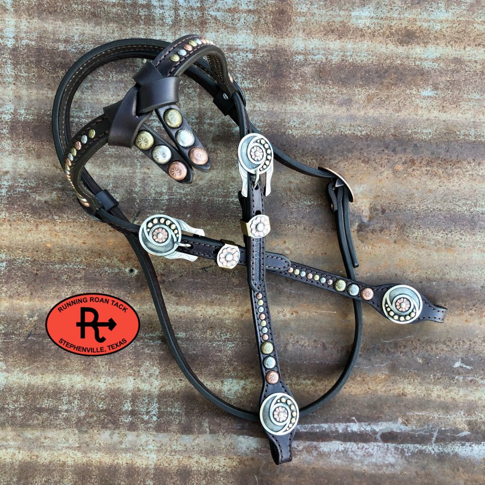 Futurity Knot Browband Headstall with Multicolor Dots and German Silver Flowers 36"-43" Headstall12012025-02