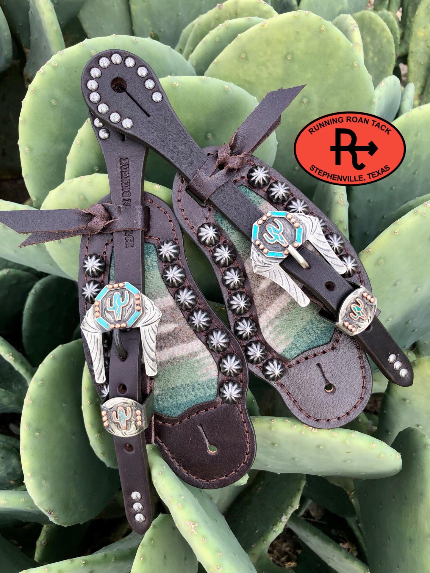 Inlaid Wool Spur Straps with German Silver Cactus Buckles spuirstraps12012025-01