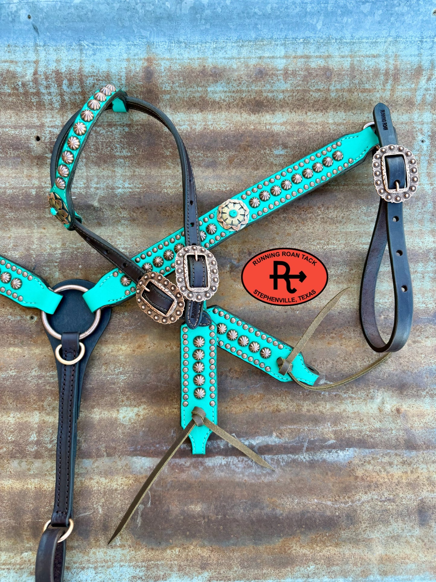 Mint Leather Studded Parachute Spot Tack Set with German Silver Conchos *Buy one piece or both pieces* Set08032026-05