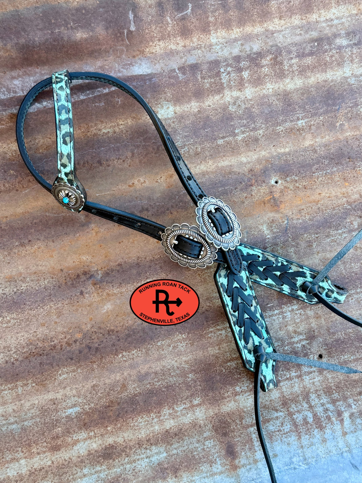 Blue Leopard Tack Set with Black Lacing and Southwest Hardware *Buy one piece or both pieces* Set10052026-02