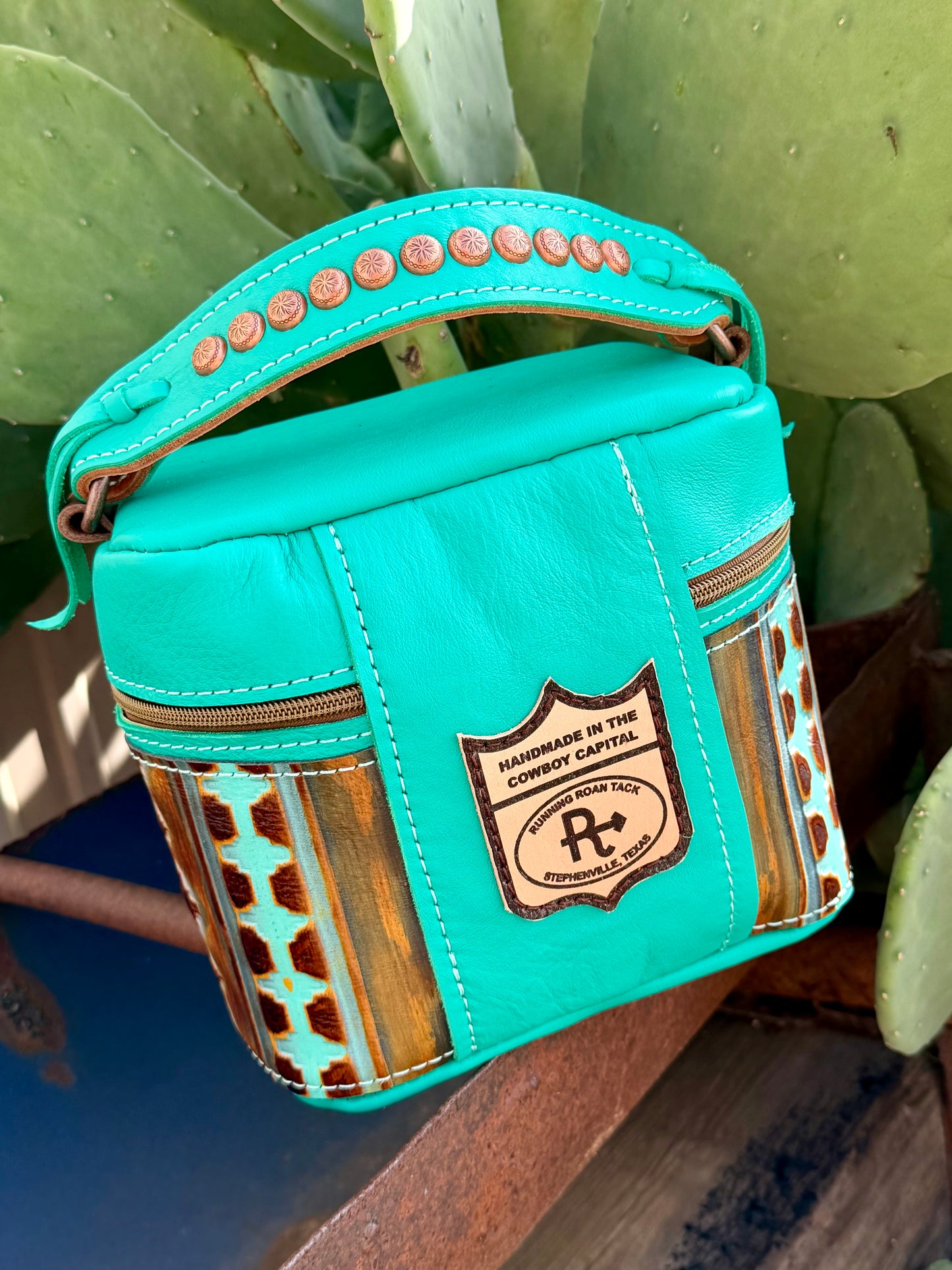 Mint Leather with Southwest Embossed Train Case for Makeup, Toiletries, etc traincase07062026-17