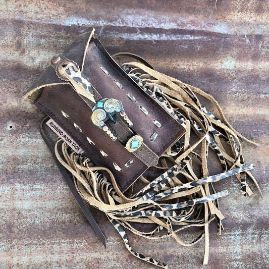 Leopard Pop Stitch Mini Saddle Bag with Feather Buckle for Phone, Keys, Roping Powder, etc.