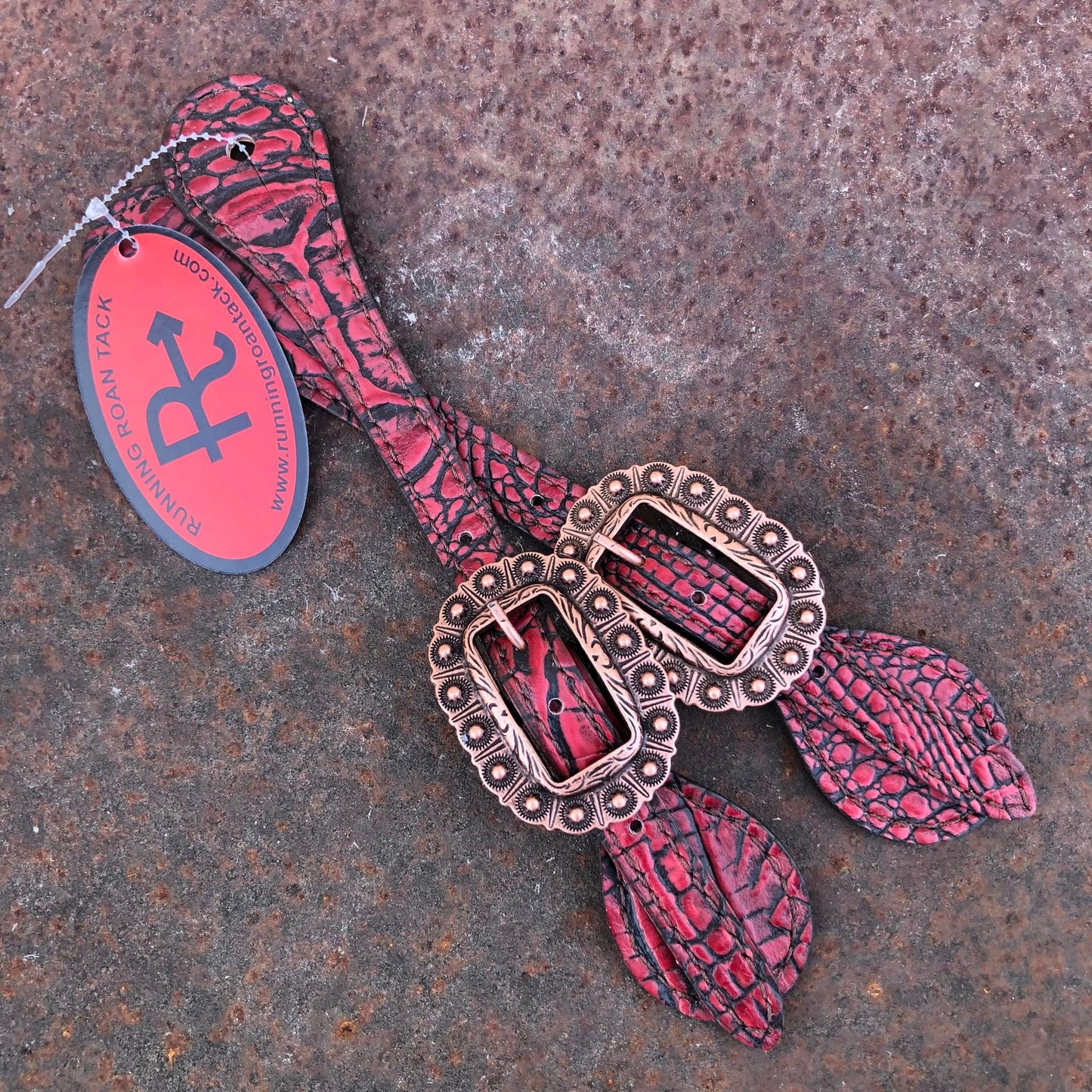 Red Croc Spur Straps with Copper Berry Buckle