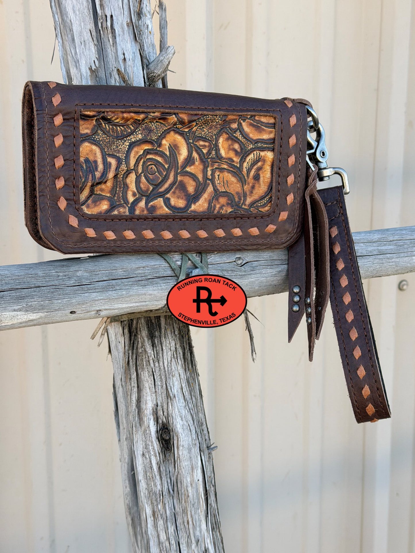 "The Pecos" Double Zip Wallet Wristlet Organizer Clutch with Rose Inlay and Tan Buckstitch Pecos03022026-03