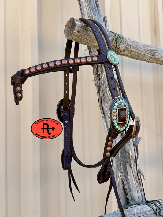 Chocolate Short Cheek Futurity Knot Headstall with Quick Change Pineapple Knots and Turquoise Stone Hardware 29”-37” Headstall10052026-11