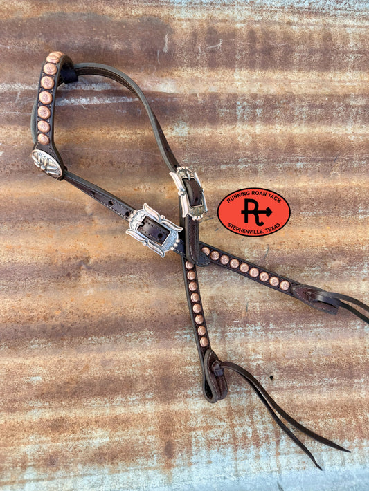 Chocolate Leather Headstall with Quick Change Pineapple Knots and Gallup Hardware 36”-43” Headstall08032026-04