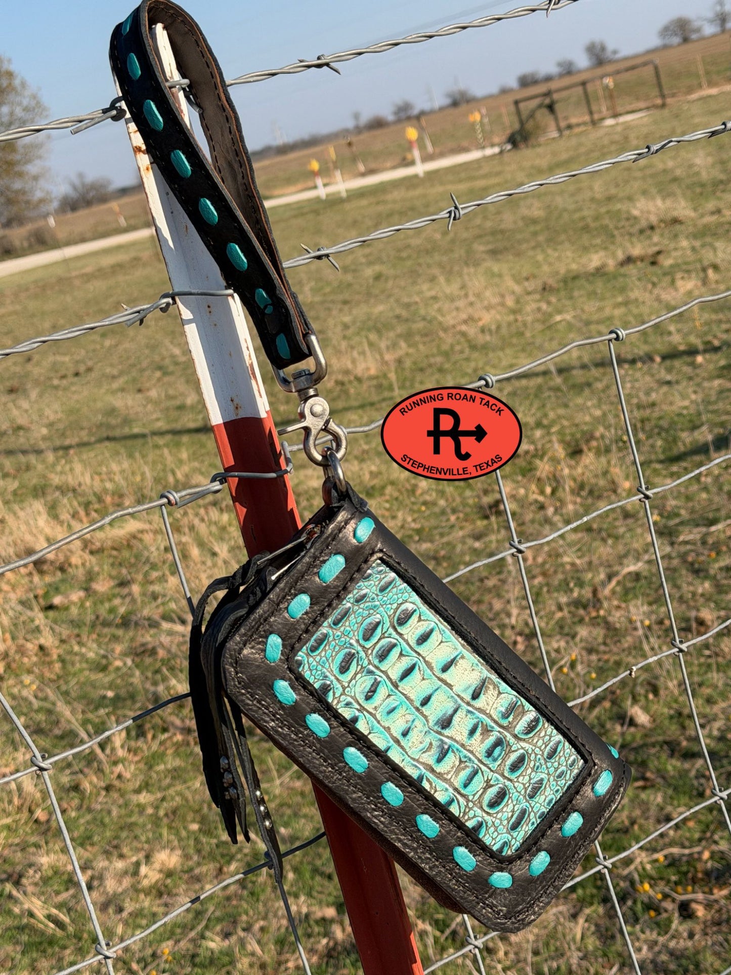 "The Pecos" Black Leather Double Zip Wallet Wristlet Organizer Clutch with Turquoise Croc Inlay and Turquoise Pop Stitch Pecos03022026-12