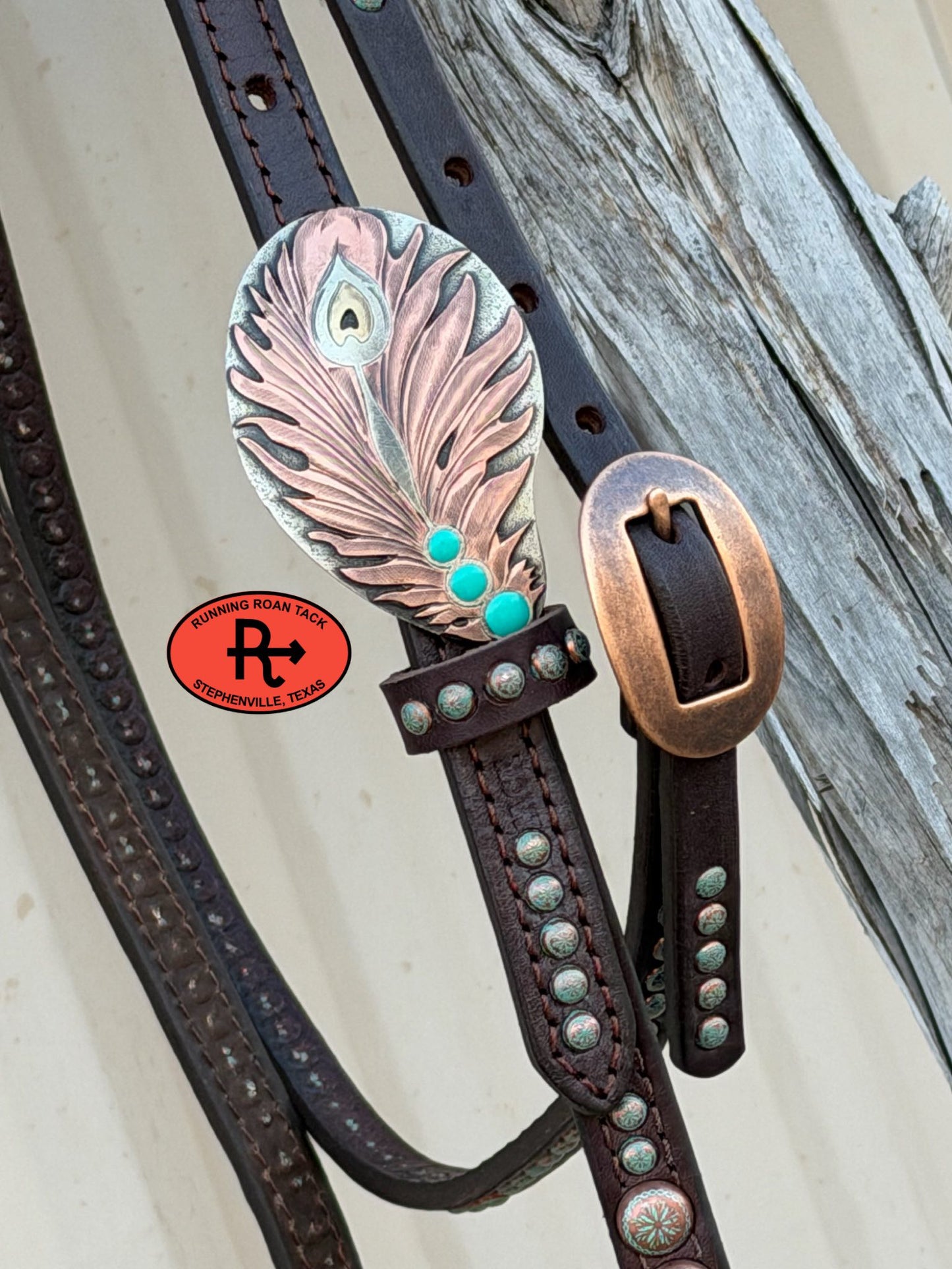 Single Ear Headstall with Throatlatch, Peacock Feather Hardware and Copper Patina Dots 39"-43" Headstall03022026-02