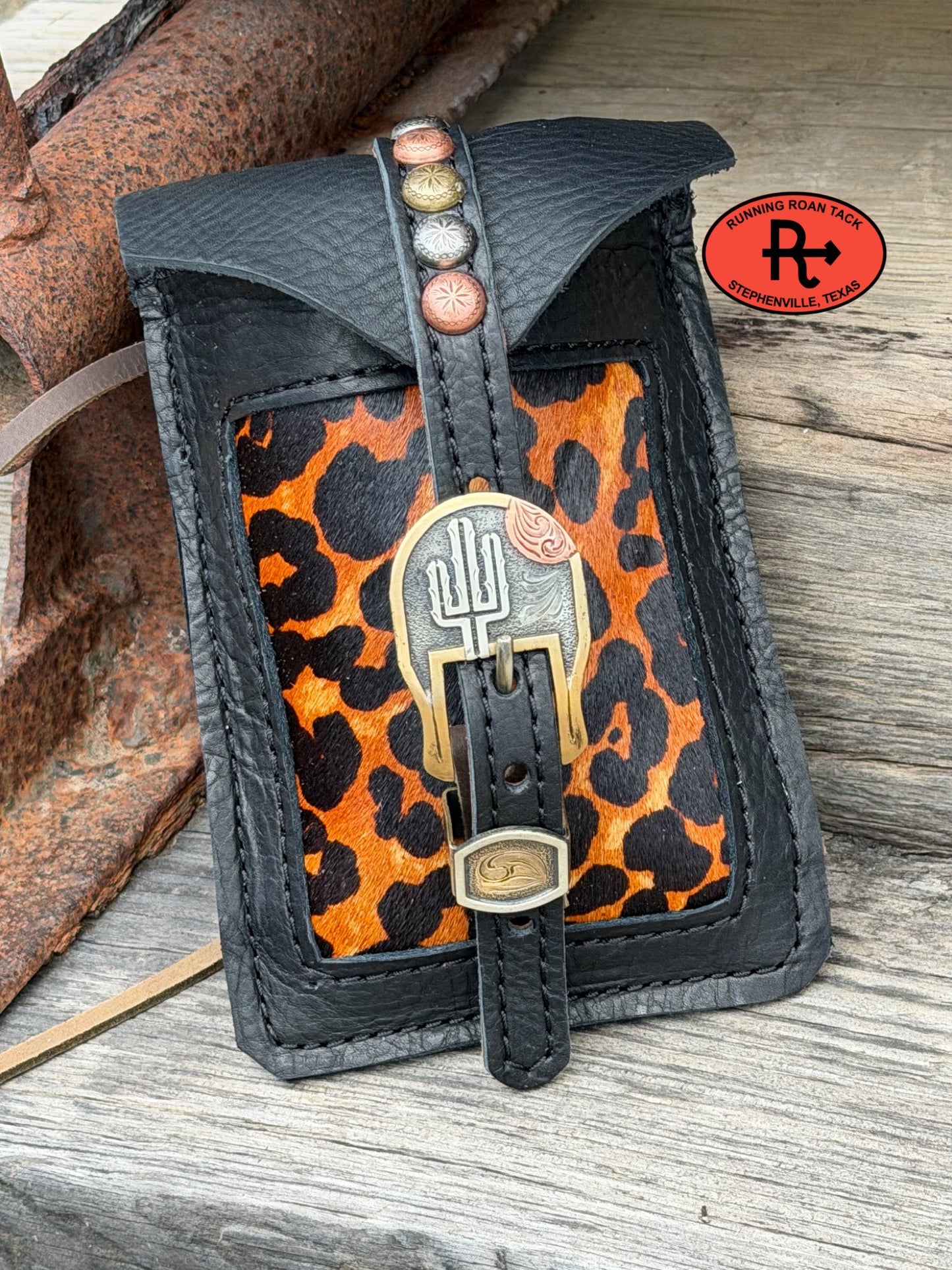 Black Leather Mini Saddle Bag with Leopard Inlay and German Silver Buckle for Phone, Keys, Roping Powder, etc Minibag03022026-03
