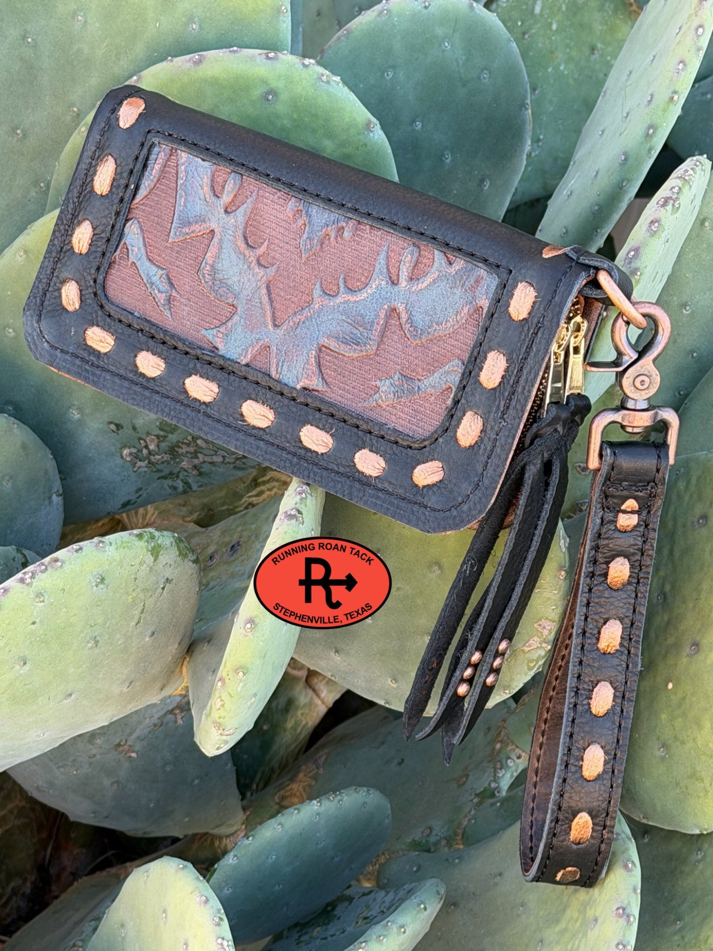 "The Pecos" Black Leather Double Zip Wallet Wristlet Organizer Clutch with Midnight Boot Top Inlay and Metallic Bronze Pop Stitch Pecos03022026-08