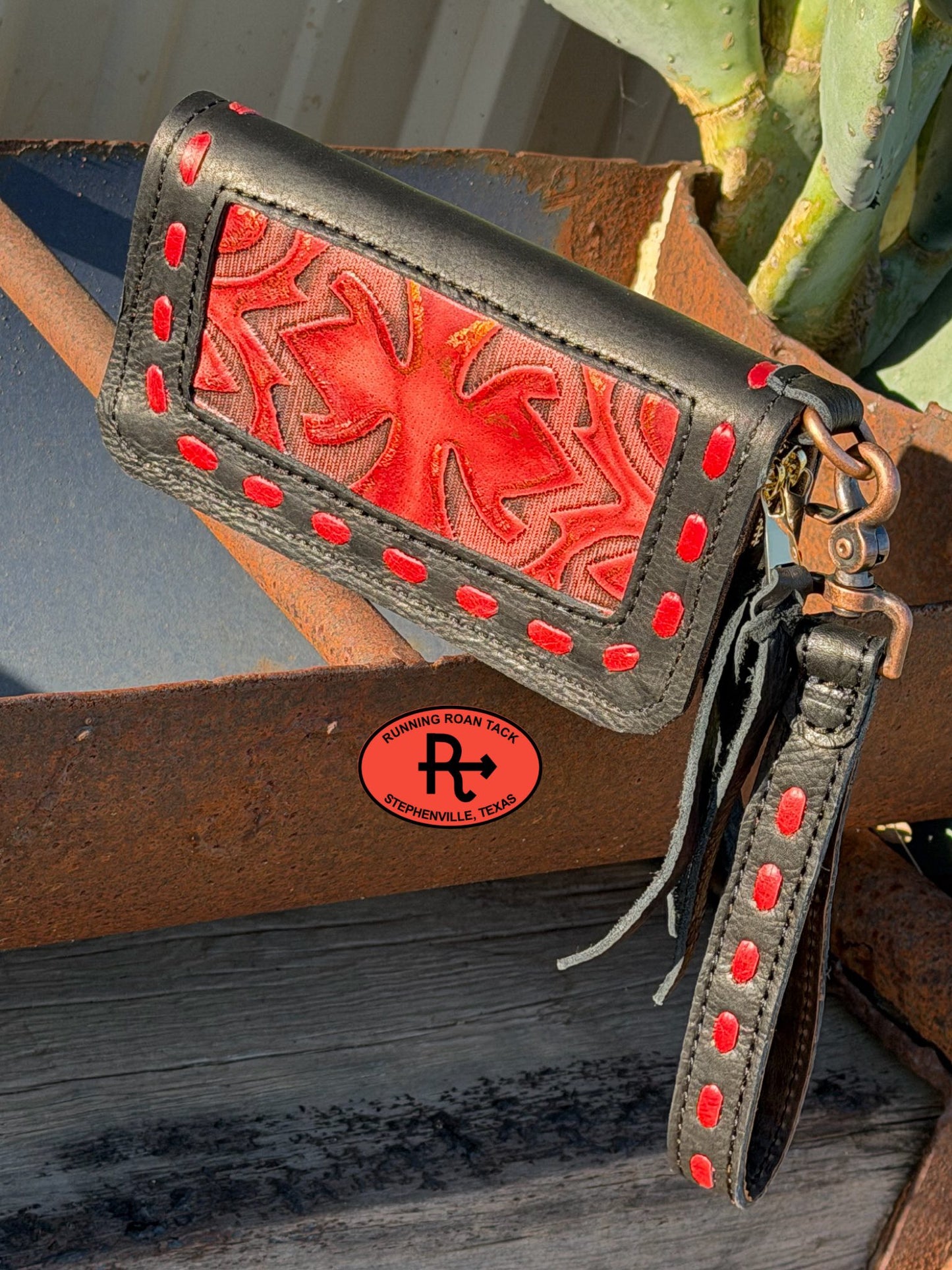 "The Pecos" Black Leather Double Zip Wallet Wristlet Organizer Clutch with Red Boot Top Inlay and Red Pop Stitch Pecos03022026-10