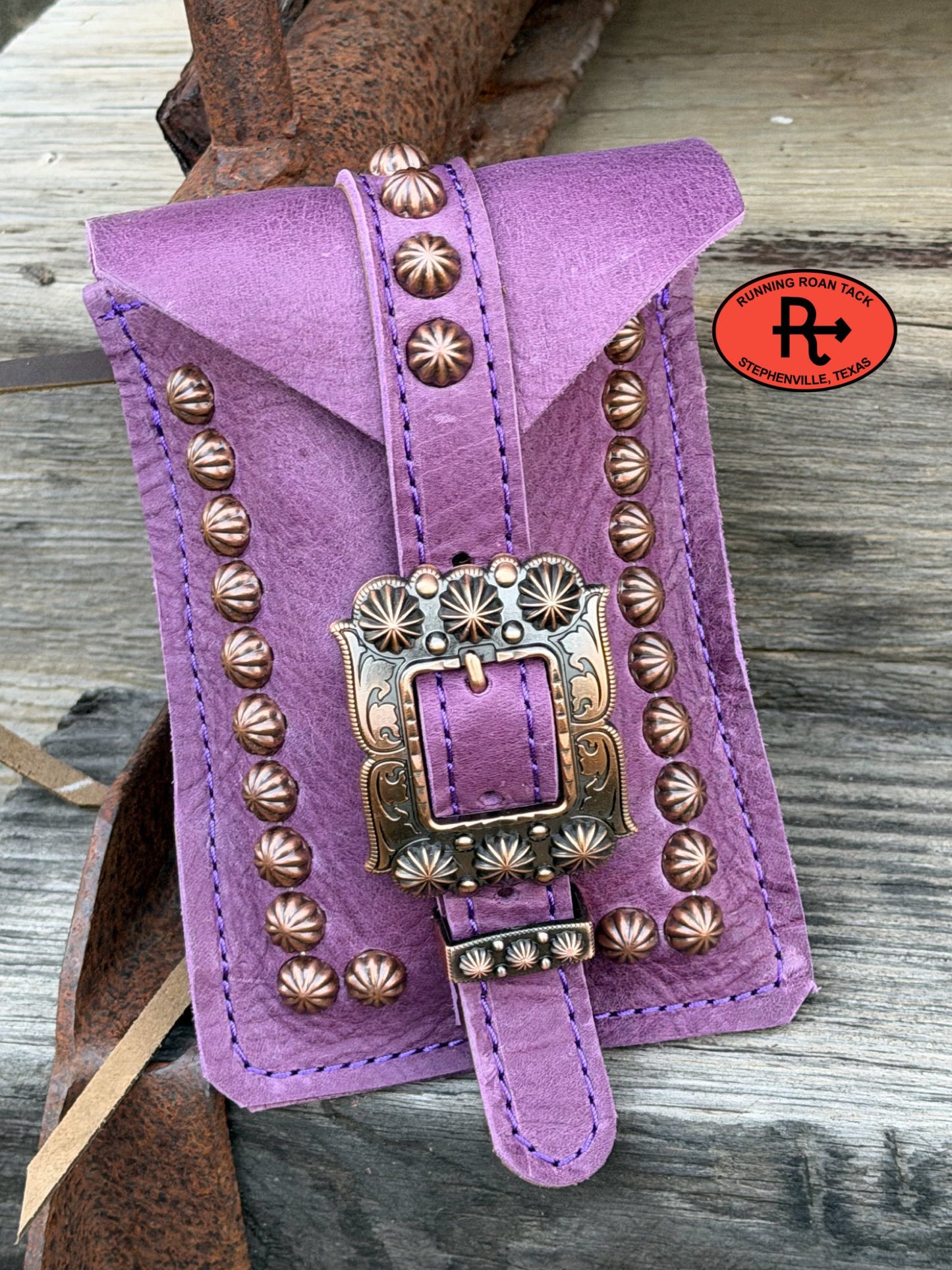 Purple Leather Mini Saddle Bag with Copper Buckle for Phone, Keys, Roping Powder, etc