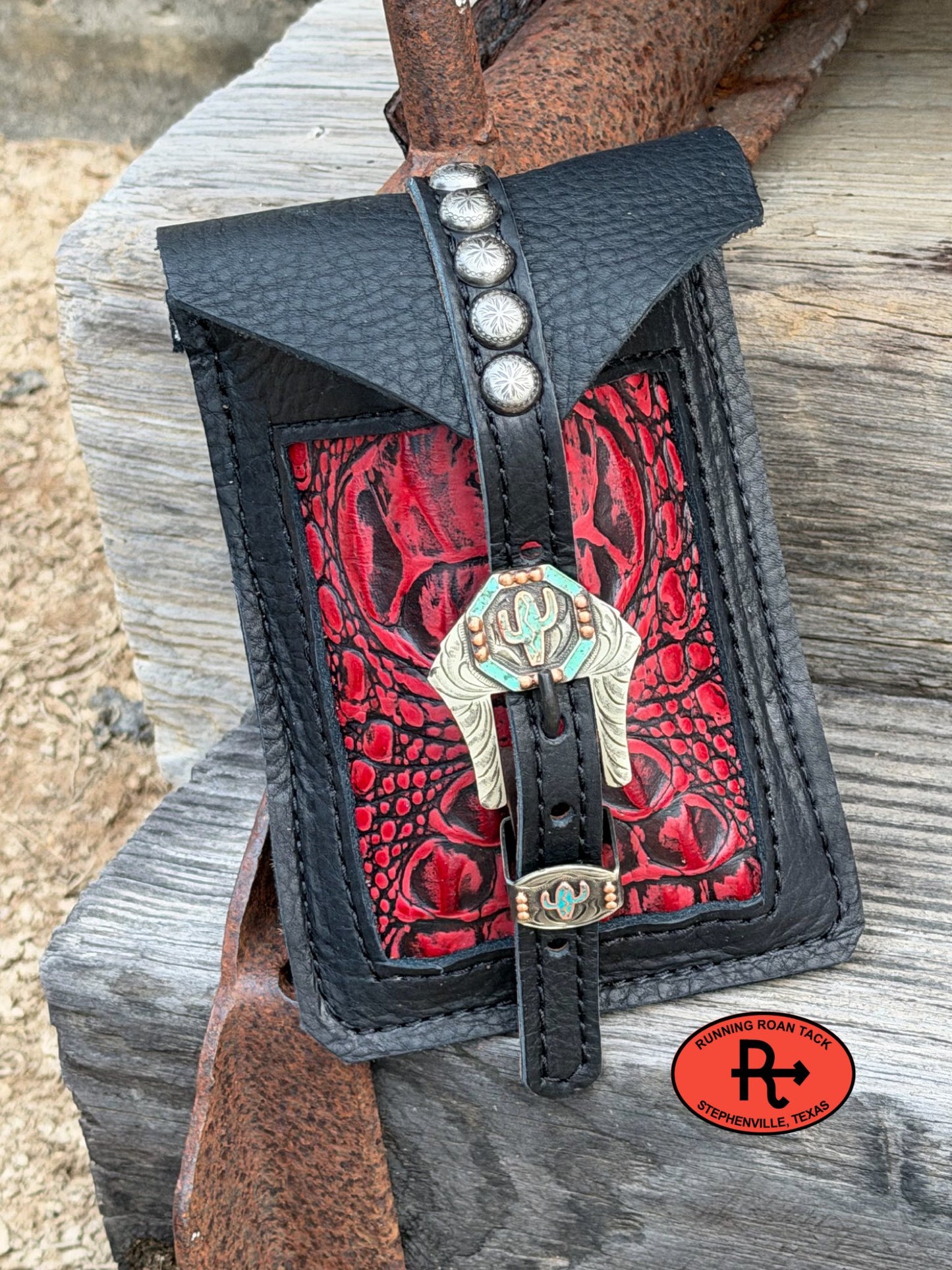Black Leather Mini Saddle Bag with Red Croc Inlay and German Silver Buckle for Phone, Keys, Roping Powder, etc Minibag03022026-05
