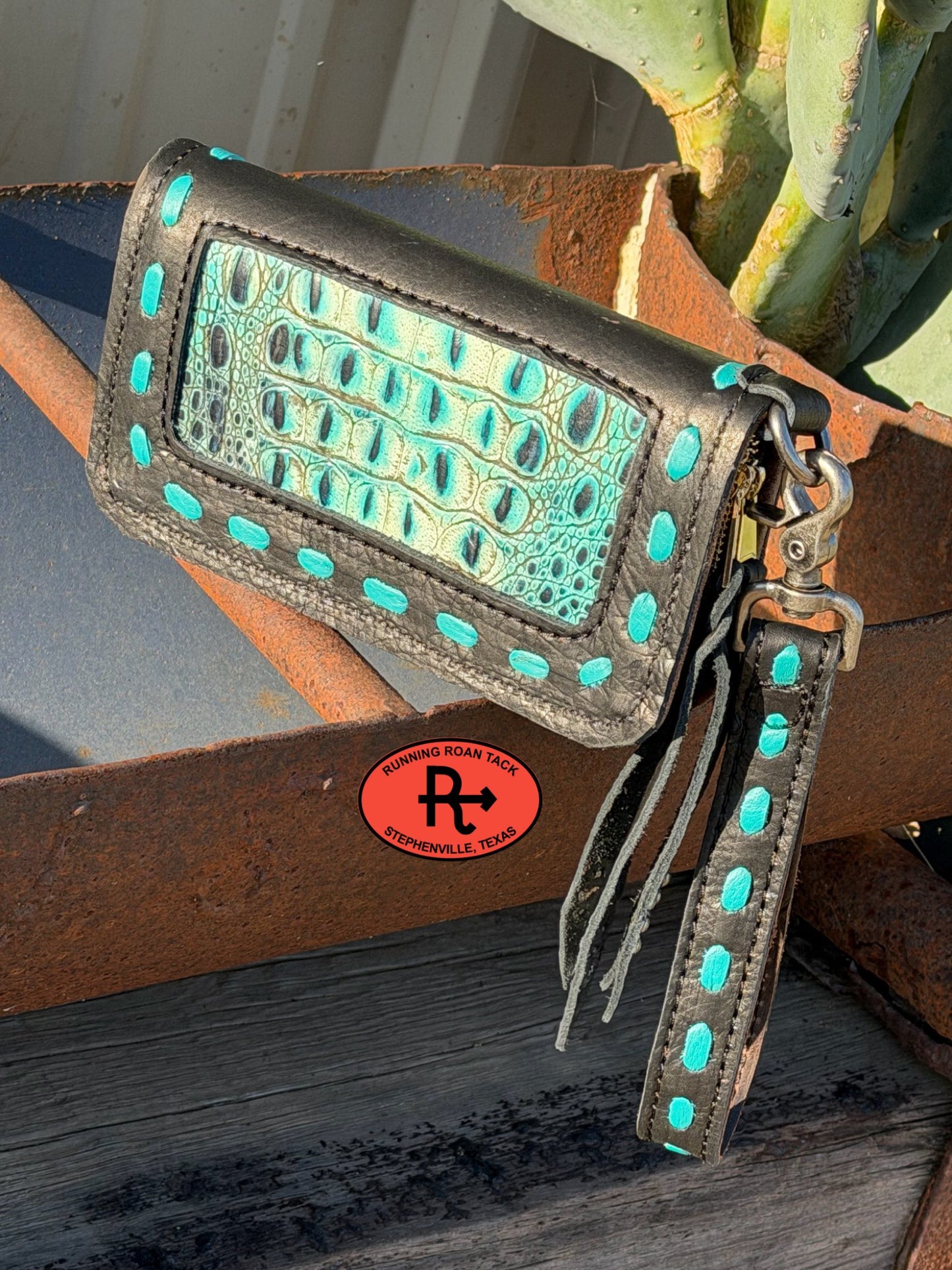 "The Pecos" Black Leather Double Zip Wallet Wristlet Organizer Clutch with Turquoise Croc Inlay and Turquoise Pop Stitch Pecos03022026-12
