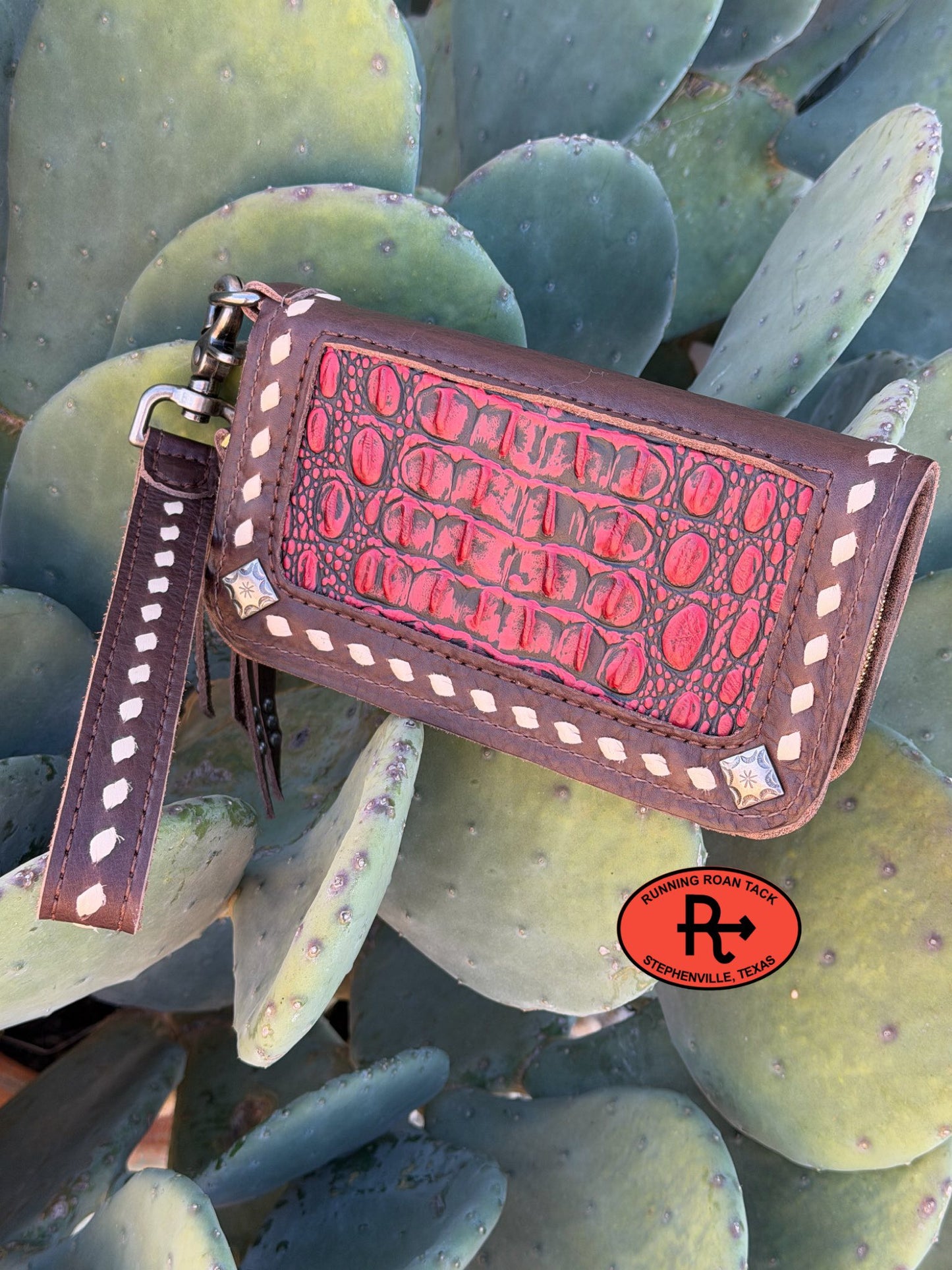 "The Pecos" Double Zip Wallet Wristlet Organizer Clutch with Red Croc Inlay and White Buckstitch Pecos03022026-01